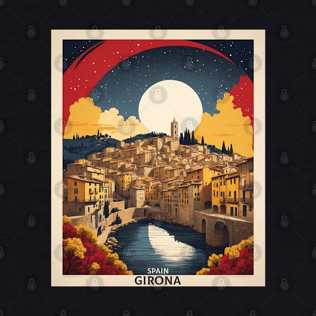 Girona Spain Starry Night Travel Tourism Retro Vintage Art by TravelersGems